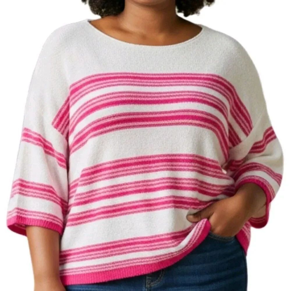 Eesome Striped Knit Sweater Womens Size M White Pink Lightweight 3/4 Sleeve New